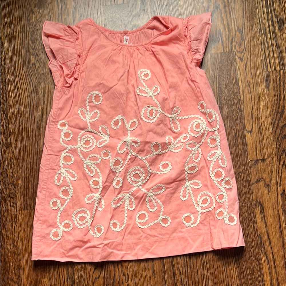 Girls Coral Pink Embroidered Flutter Sleeve Dress